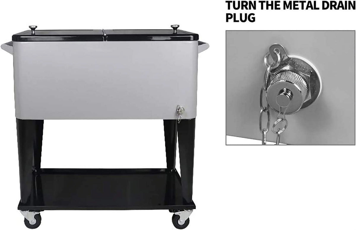 FreeLung 80QT Rolling Cooler Cart with Wheels Ice Chest Outdoor Backyard Coolers on Wheels Silver