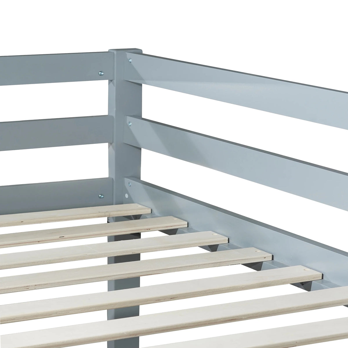 Twin Over Twin Floor Bunk Bed, UHOMEPRO Solid Wood Low Bunk Bed with Safety Rail, Ladder, Heavy Duty Bunk Beds, Space-Saving Bedroom Dorm Furniture, Gray