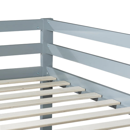 Twin Over Twin Floor Bunk Bed, UHOMEPRO Solid Wood Low Bunk Bed with Safety Rail, Ladder, Heavy Duty Bunk Beds, Space-Saving Bedroom Dorm Furniture, Gray
