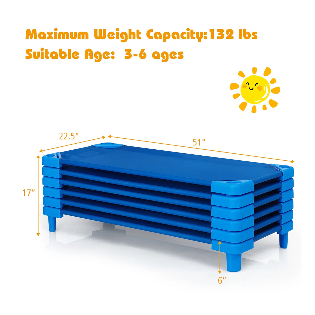 Costway Pack of 6 Kids Stackable Naptime Cot 52'' L x 23'' W Daycare Rest Mat Blue