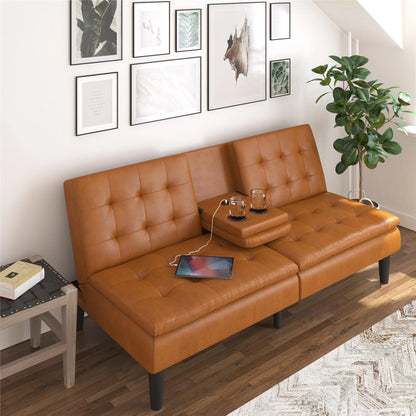 Mainstays Memory Foam 71.5" Futon with Cupholder and USB, Black Faux Leather