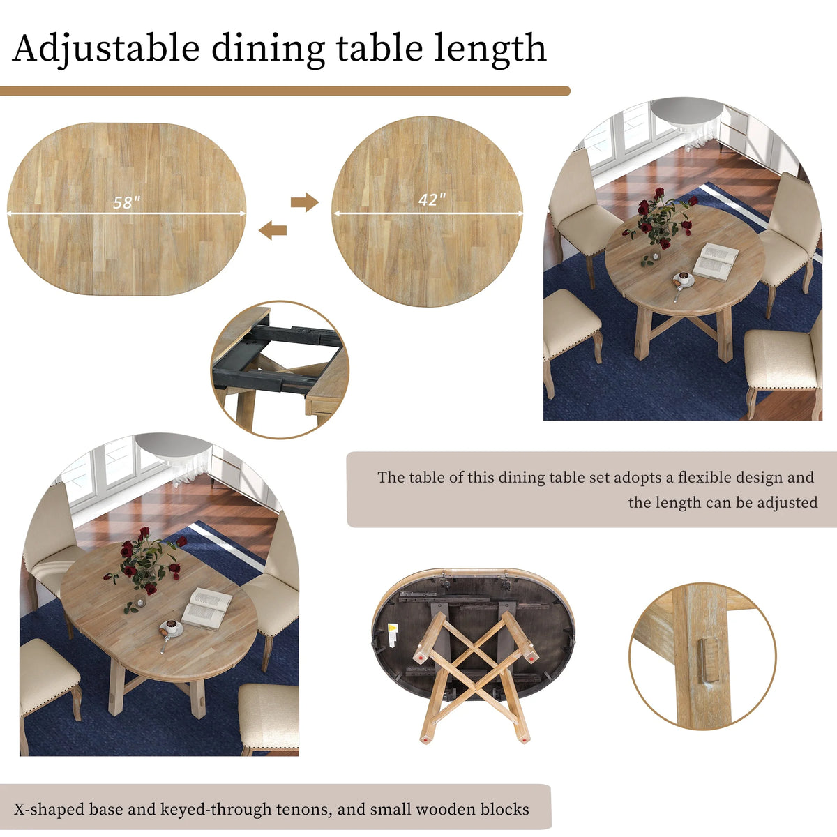 Bellemave 5-Piece Round Dining Table Set, Wood Farmhouse Extendable Dining Table and 4 Upholstered Dining Chairs, Kitchen Dining Table Set for 4 ��Antique White��