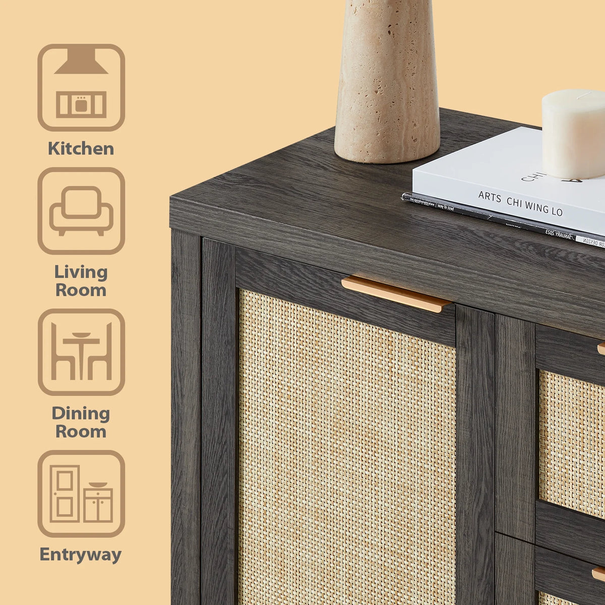 ARKANTOS Sideboards and Buffets, Boho Storage Cabinets with Rattan Doors and Drawers, Natural Oak