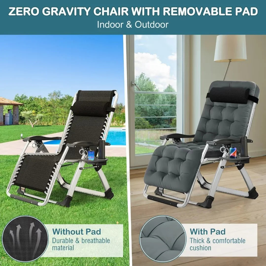 NAIZEA 2 Pack Zero Gravity Chair, Foldable Portable Lawn Recliner with Cushion, Headrest, Cup Holder, Black