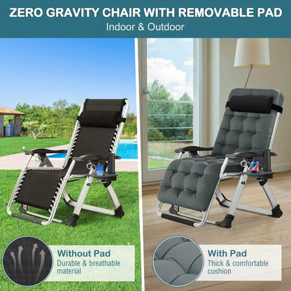 NAIZEA 2 Pack Zero Gravity Chair, Foldable Portable Lawn Recliner with Cushion, Headrest, Cup Holder, Black