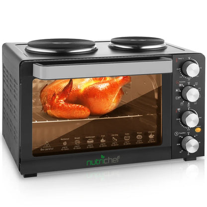 NutriChef 30 Quart Kitchen Convection Oven & 2 Burner Cooker - 1500 Watt Oven - 7 Cook Functions Rotisserie, Cook, Bake, Broil & More - Includes Baking Tray, Skewers & Handles - 19.6 x 16.0 x 13.5 IN