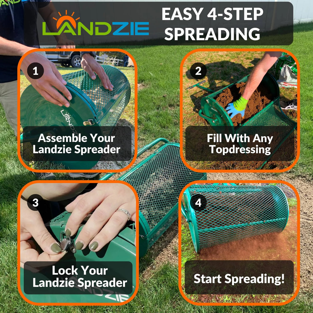 Landzie Compost Spreader 24 Inch Walk-Behind Lawn & Garden Spreader with Metal Mesh Basket