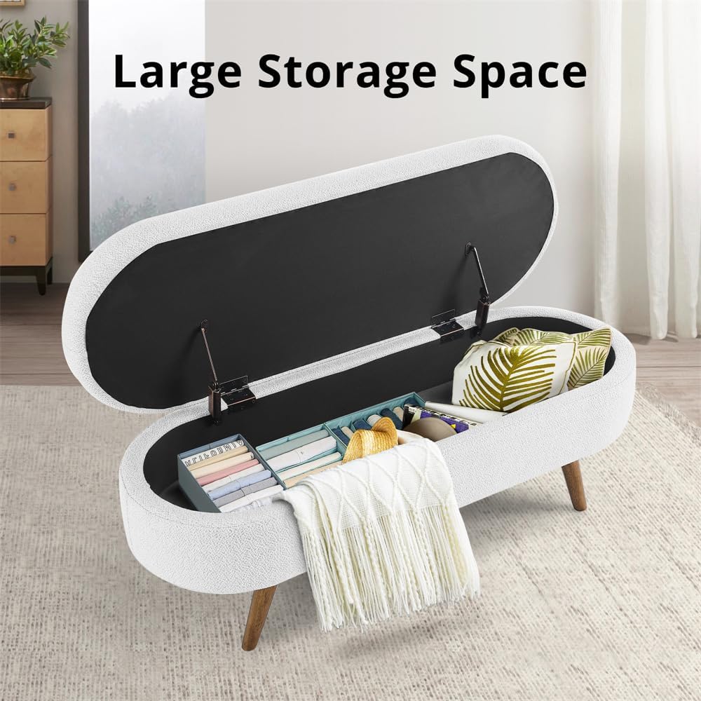 Sumdeal 43.5" Storage Ottoman Bench with 250lb Seating, Linen Upholstered Wood Legs Safety Hinge Flip Top Oval Foot Rest Long Stool for Sofa Couch Bedroom End of Bed Living Room Entryway, White
