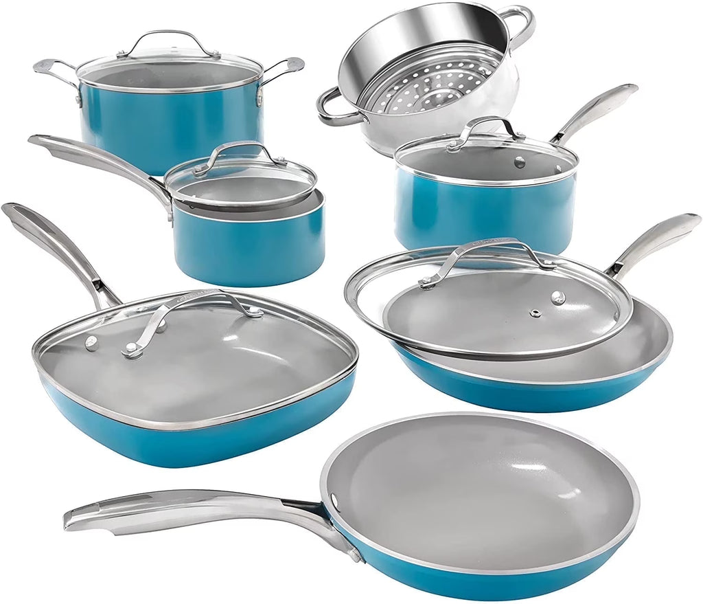 Gotham Steel 12 Pc Ceramic Cookware Set Nonstick, Pots and Pans Set Non Stick for Kitchen with Frying Pan, Sauce Pan, Pots and Pans for Cooking, Non Toxic Cookware Sets, Oven/Dishwasher Safe, Navy