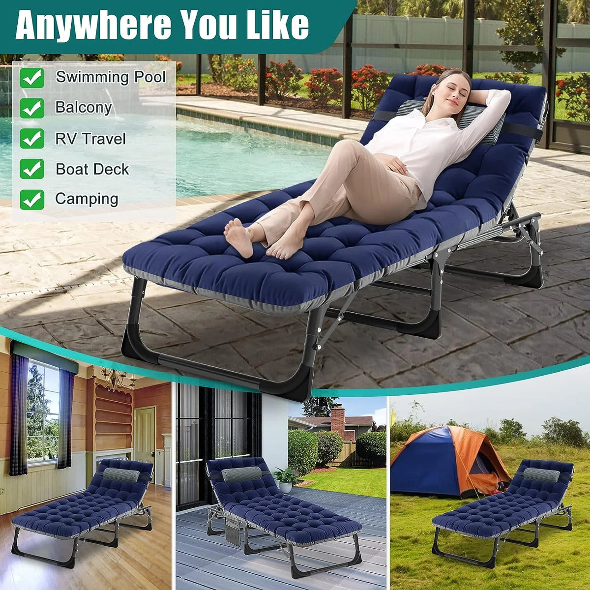 Slsy Folding Lounge Chair, 5-Position Adjustable Outdoor Reclining Chair, Folding Sleeping Bed Cot, Folding Chaise Lounge Chair for Pool Beach Patio Sunbathing