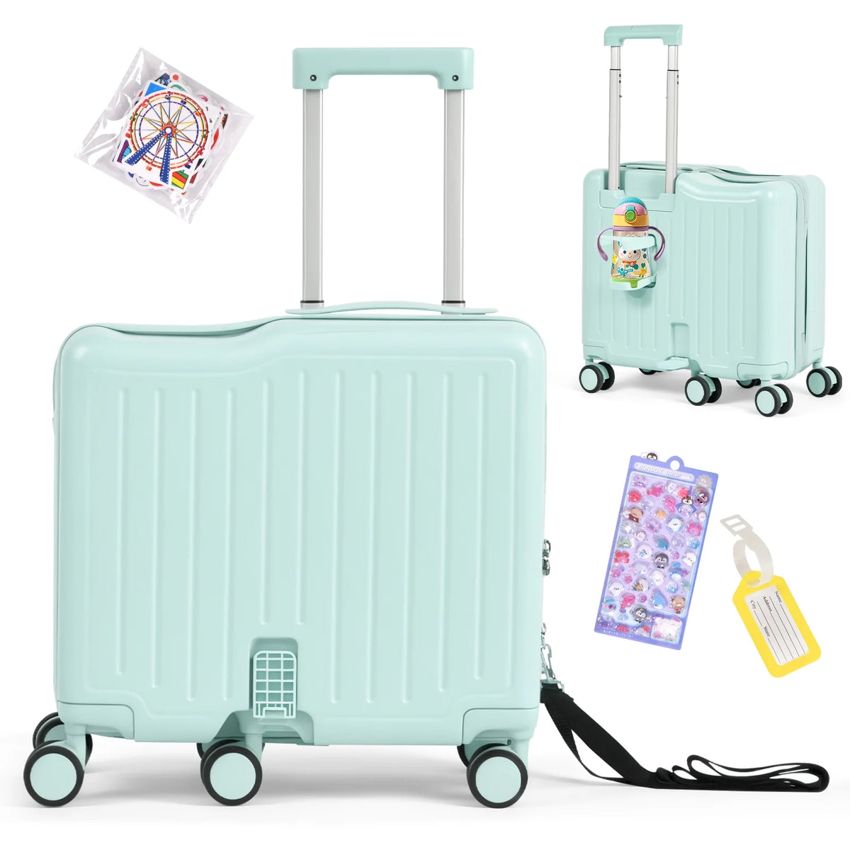 Advwin Ride-On Kids Luggage with Pull Strap, Footrests, Cup Holder, 6 Wheels & Adjustable Handle, 18-Inch Spinner Suitcase with Stickers & Boarding Pass, Pink