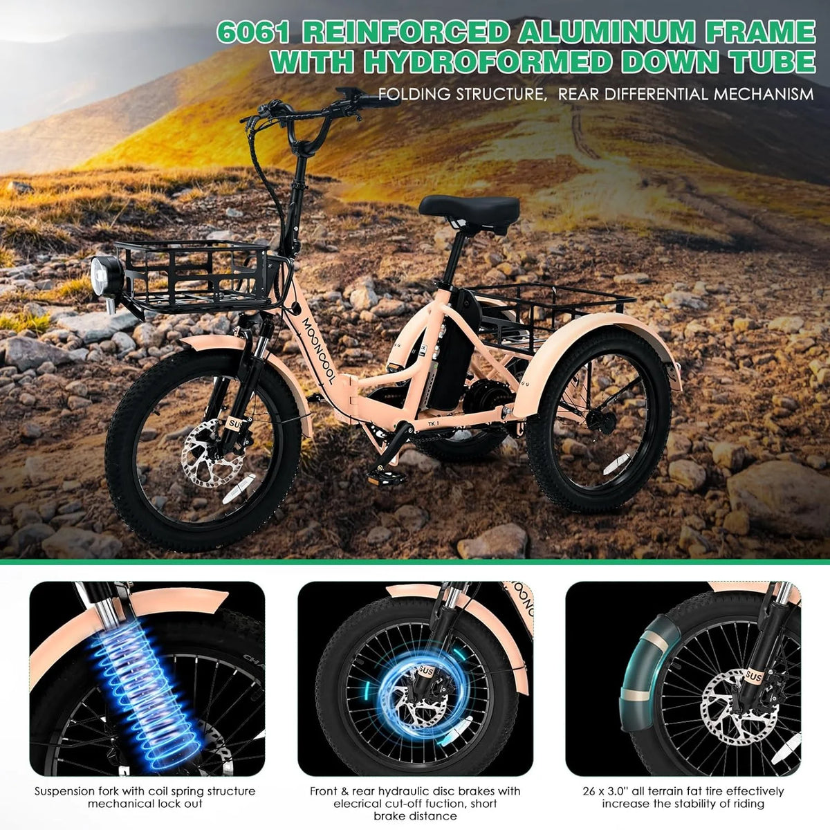 ABORON 3.0 Fat Tire Electric Trike for Senior Foldable E-Bike, 500W Motorized Tricycle Adult 20" Folding 3 Wheel Electric Commute Bike Trike w/48V Battery and Storage Baskets,