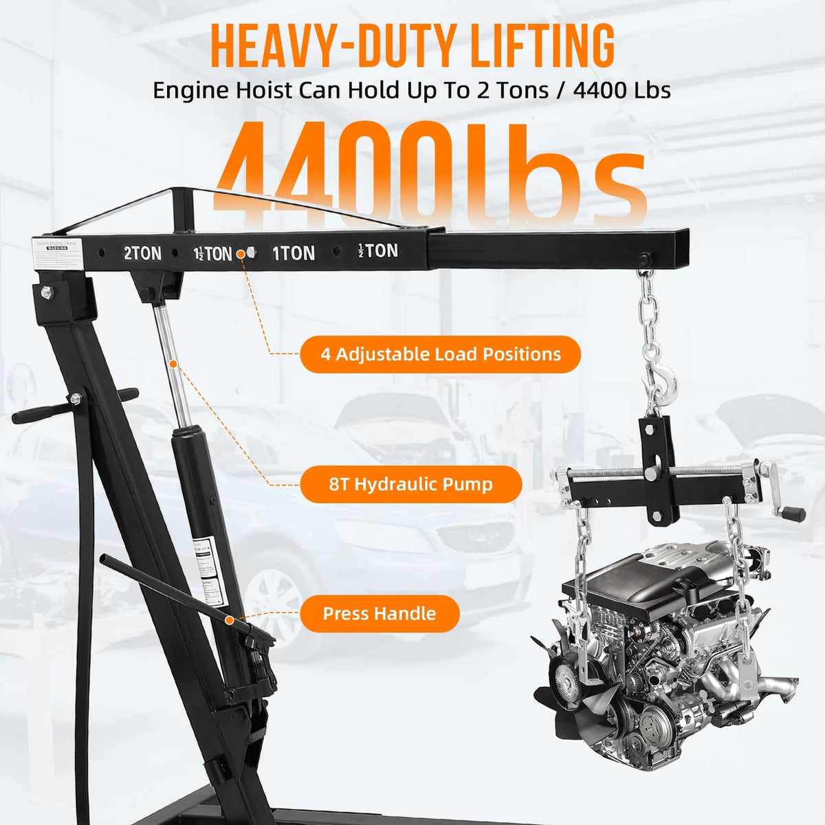 GARVEE 2 Ton Folding Hydraulic Engine Hoist with Lever,Folding Engine Shop Crane Hoist Lift,Heavy Cherry Picker with 6 Wheels for Garage,Workshop,Yellow