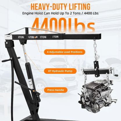 GARVEE 2 Ton Folding Hydraulic Engine Hoist with Lever,Folding Engine Shop Crane Hoist Lift,Heavy Cherry Picker with 6 Wheels for Garage,Workshop,Yellow