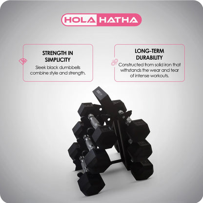 HolaHatha Hex Dumbbell with Rack, 5/10/15/20/25 lb (Black)