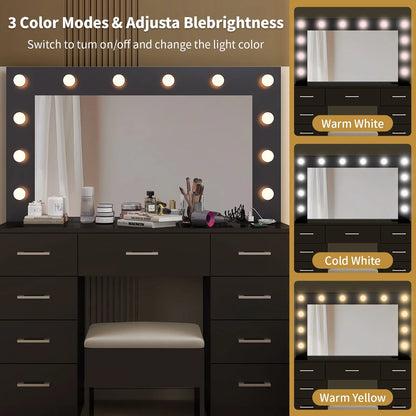Ktaxon Large Makeup Vanity, Vanity Table Set w/ Visible Glass Top w/ Charging Station, White