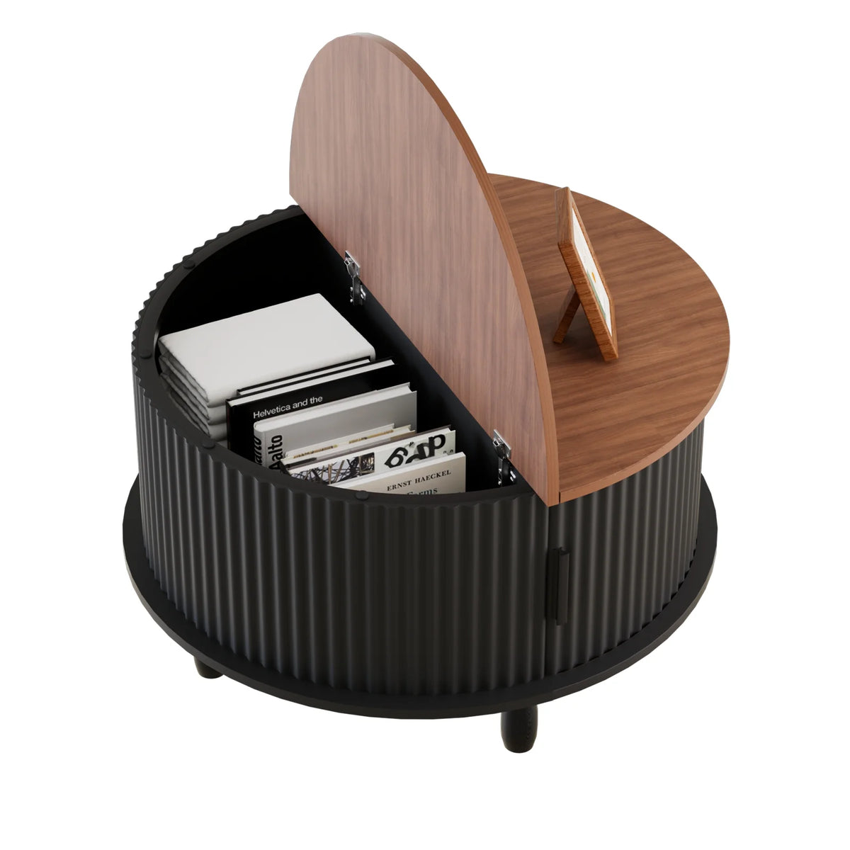RUMLIVE Round Coffee Table with Storage, 30.7" Modern Coffee Table with 360�� Curved Sliding Door, Fluted Wood Coffee Table with Footpads, Round Center Table for Living Room, Black