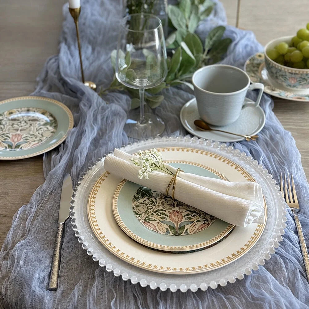 STP GOODS Melodie de Fleurs Bone China Dinnerware Set of 24 Service for 6 24-Piece Dish Set of Plates and Bowls, Blue Gold White