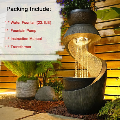 Outdoor Water Fountain Modern Curved Waterfall S-Shaped Freestanding Fountain with Bowl Planter for Patio Deck Garden Yard Home Decor