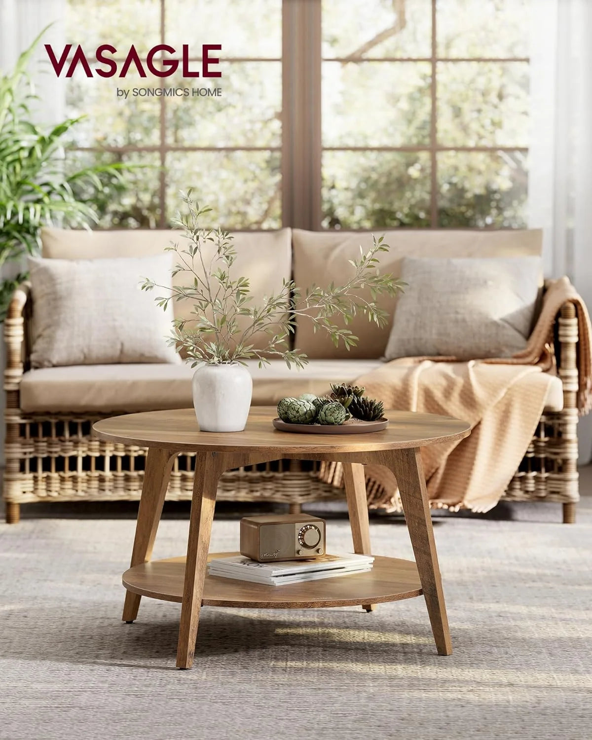VASAGLE Round Coffee Table, 2 Tier Coffee Table with Storage, for Living Room, 31.5 x 17.7 Inches, Easy to Assemble, Honey Brown