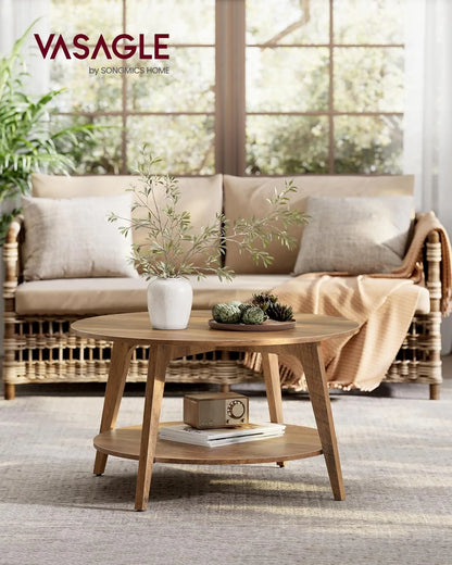 VASAGLE Round Coffee Table, 2 Tier Coffee Table with Storage, for Living Room, 31.5 x 17.7 Inches, Easy to Assemble, Honey Brown