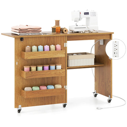 Costway Folding Sewing Table Rolling Craft Station with 3 Storage Bins & Charging Station Natural