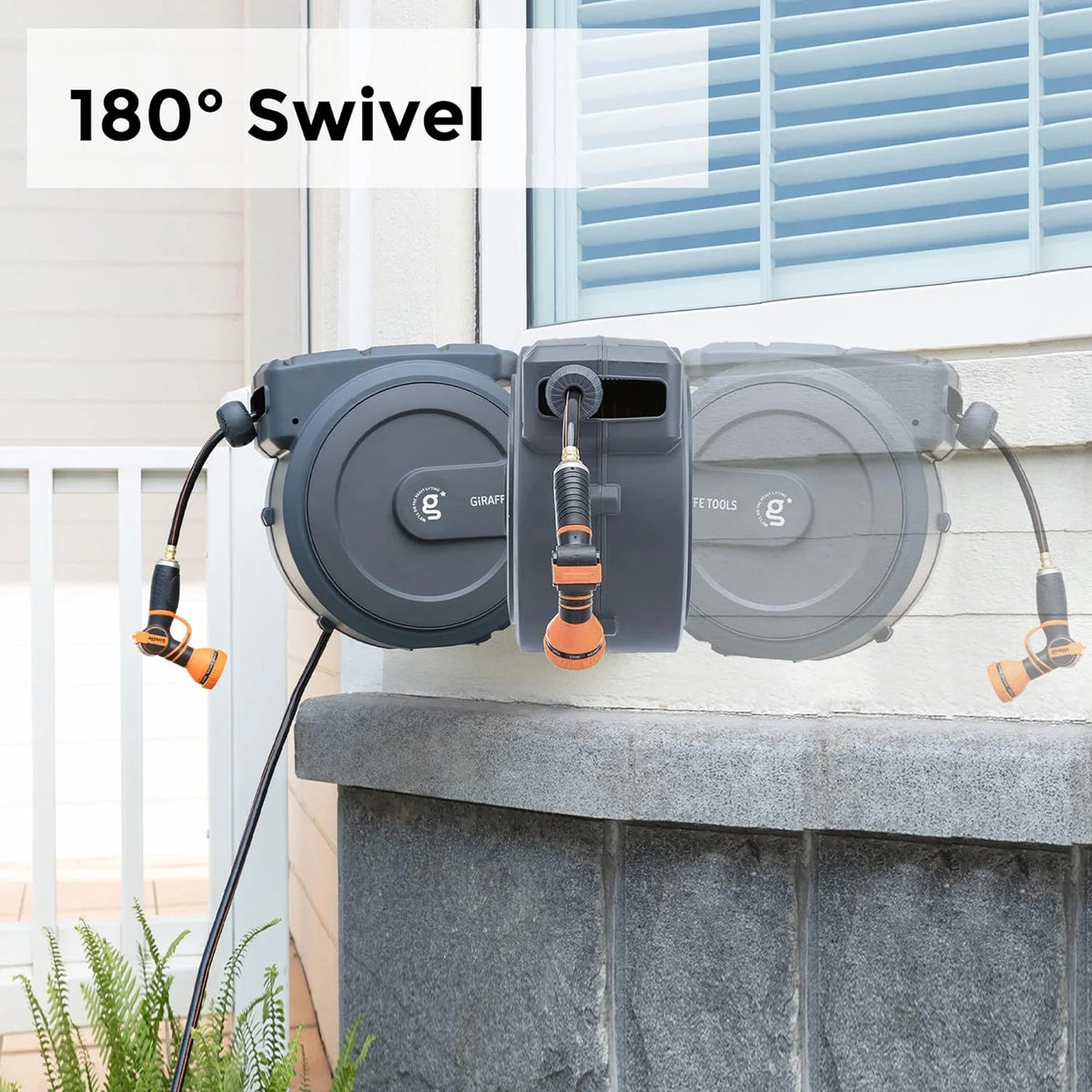 Giraffe Tools Retractable Garden Hose Reel with 1/2in-100ft Water Hose, Plastic Bracket, Wall Mounted, Dark Grey
