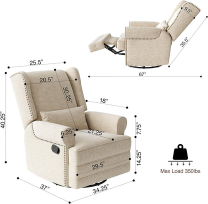 Royalcraft Swivel Nursery Glider Recliner, Comfy Upholstered Glider Chair with Lumbar Pillow and Footrest, Beige