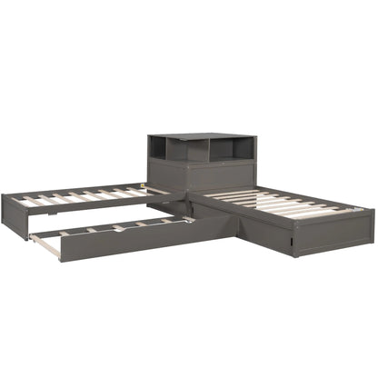 Euroco Pine Wood L-Shaped Twin Platform Bed with Storage Desk, Cabinets, Trundle and LED Light for Kids Teens, Gray