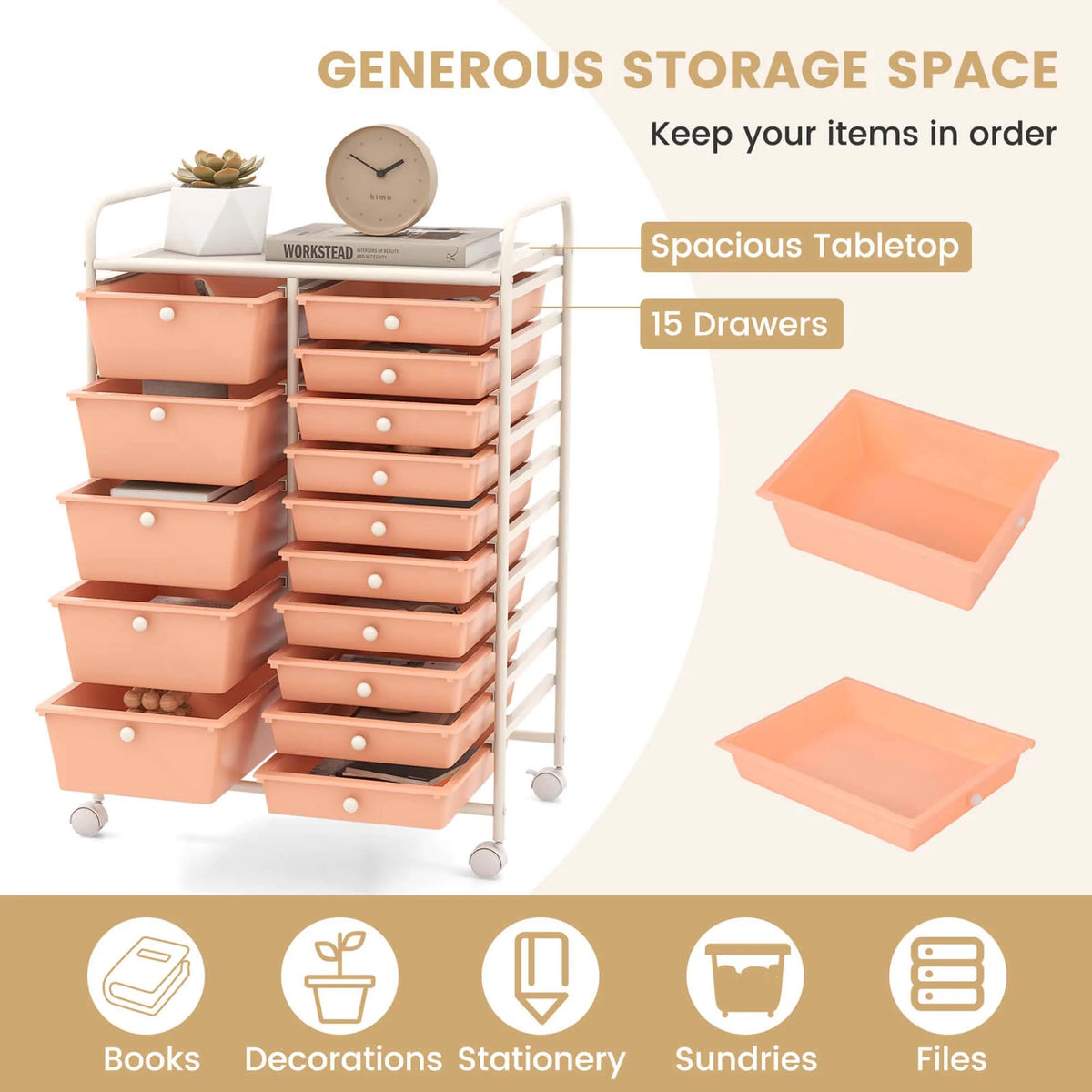 Costway 15 Drawer Rolling Storage Cart Tools Scrapbook Paper Office School Organizer White