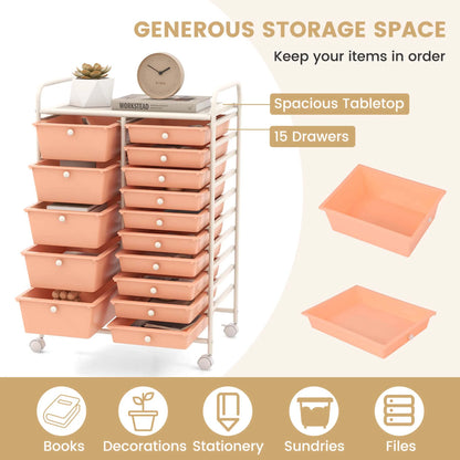 Costway 15 Drawer Rolling Storage Cart Tools Scrapbook Paper Office School Organizer White