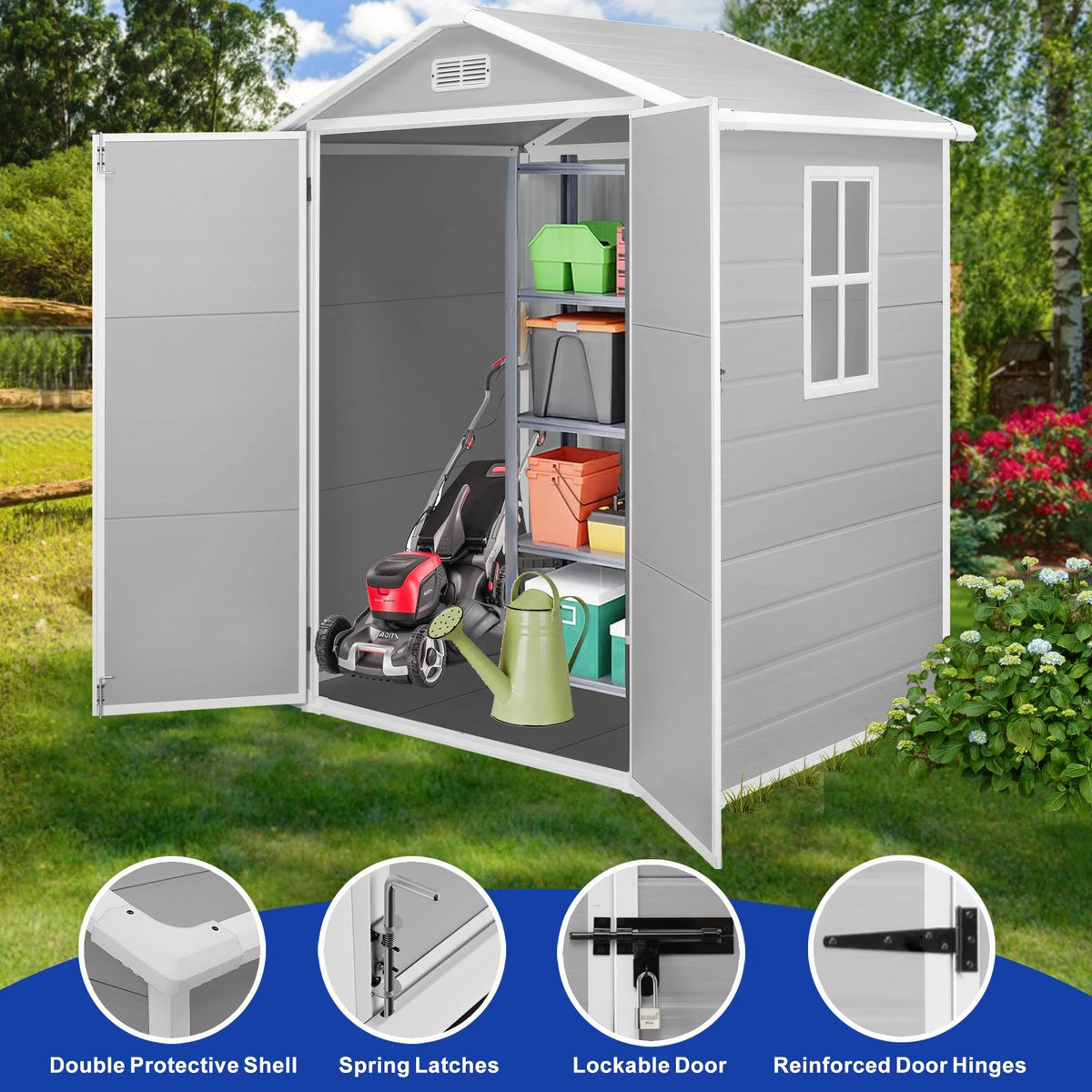 Outdoor Shed & Storage, Seizeen All-Weather Plastic Sheds 82'' H, Sloped Top Garden Shed with Window, Heavy-Duty Resin Outdoor Storage W/Floor, Gray