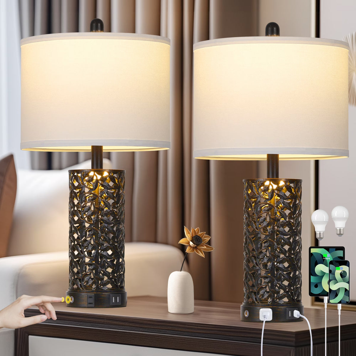Cinkeda Table Lamp Set of 2 for Living Room Bedroom with USB Ports AC Outlet 3 Way Dimmable Touch Nightlight Farmhouse White Floral Nightstand Bedside Lamps