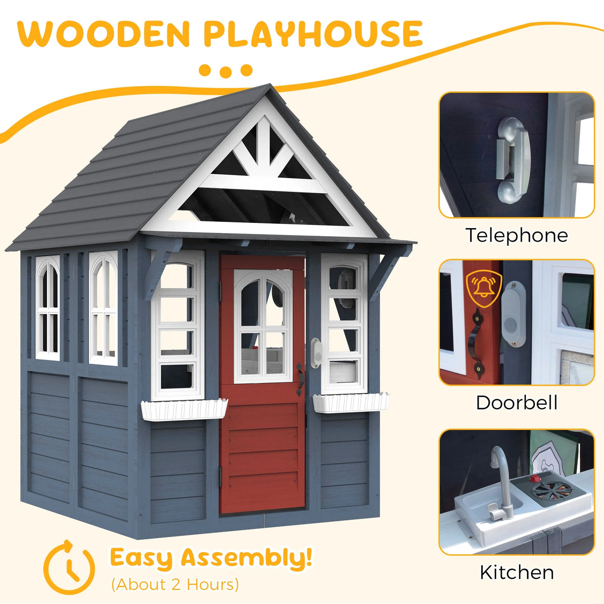 COCLUB Outdoor Playhouse for Kids Ages 4-8, Wooden Play House with Doorbell, Phone, Kitchen Toys, Outdoor Kids Play Equipment, Casa Para Ni?as (45��L x 65��H), White & Black