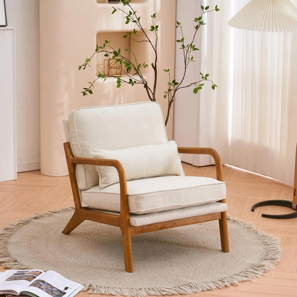 UBesGoo Modern Arm Chair Linen Fabric Upholstered Comfy Reading Accent Chair with Solid Wood Frame Beige