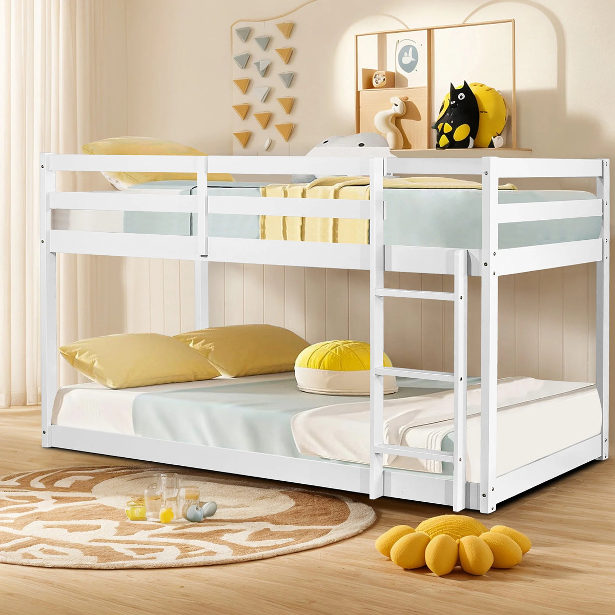 Twin Over Twin Floor Bunk Bed, UHOMEPRO Solid Wood Low Bunk Bed with Safety Rail, Ladder, Heavy Duty Bunk Beds, Space-Saving Bedroom Dorm Furniture, Gray