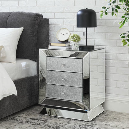 Elegant Mirrored Three-Drawer Cabinet with Diamond-Cut Glass Inlay Drawers, Space-Saving Storage Solution for Living Room, Bedroom, Entryway, Hallway or Sofa Side