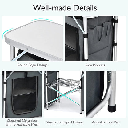 Camping Kitchen Table with Storage, Aluminum Portable Outdoor Cooking Table with Windscreen, Foldable Camp Table Cook Station for BBQ, Grill, Party, Picnics