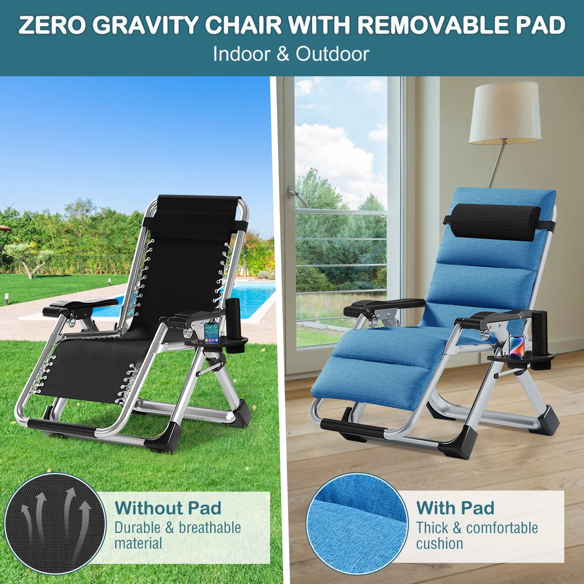 NAIZEA Zero Gravity Chair with Removable Cushion and Cup Holder Black