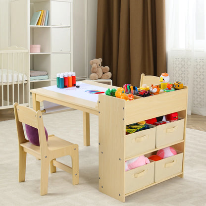 Pirecart Kids Art Table and 2 Chairs Toddler Craft Set Wooden Play Activity Drawing Table with 4 Storage Bins and Paper Roll