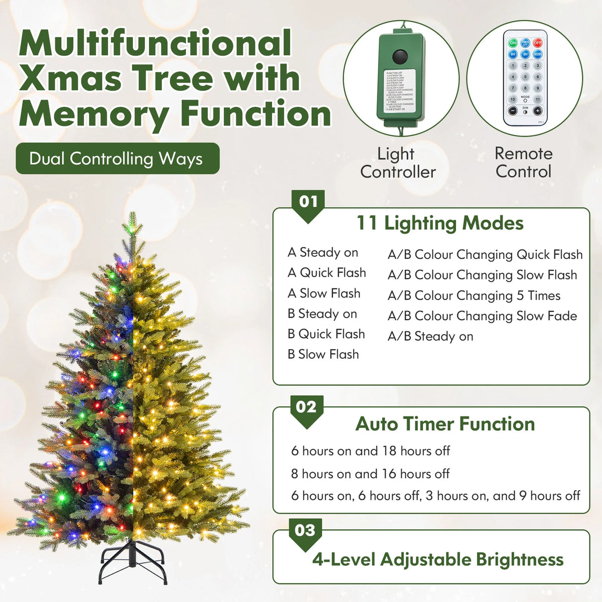 Costway 5 FT Pre-Lit Christmas Tree Hinged with 250 Multi-color Lights & 844 Branch Tips