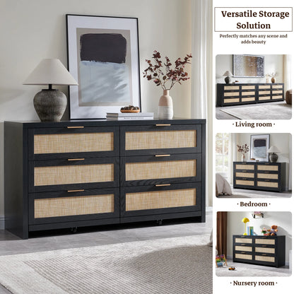 SICOTAS 56.85" 6 Drawer Dresser,Rattan Dresser with Storage,Boho Dressers & Chests of Drawers Wooden Tall  Dresser for Bedroom