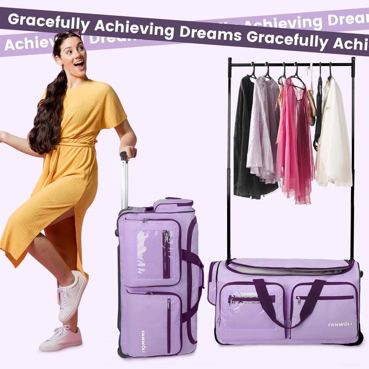 Fegat Dance Bag with Garment Rack - 28"Collapsible Rolling Competition Dance Duffle Bag Lightweight Costume Wheeled Suitcase for Dancers Shows Livestreamer Athletes