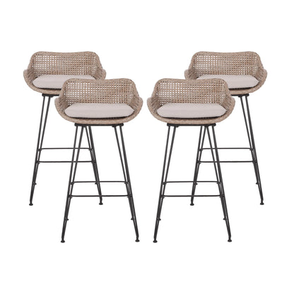 Verano Wicker and Metal Outdoor Barstools with Cushion, Set of 4, Mixed Brown and Beige