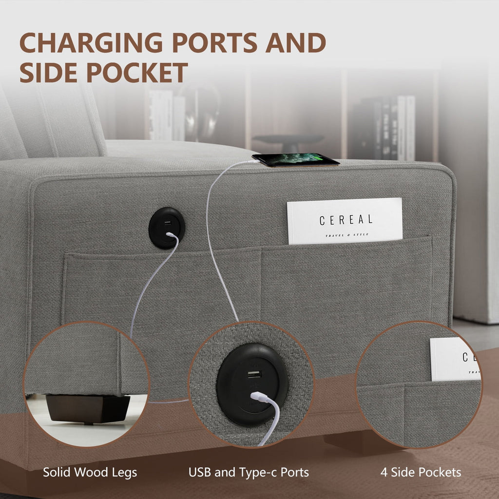 ASHOMELI 99'' Convertible Sectional Sofa,L Shaped Couch,Multi-Functional Reversible Sofa with USB and Type-C Charging Ports, Storage Space, Breathable Fabric