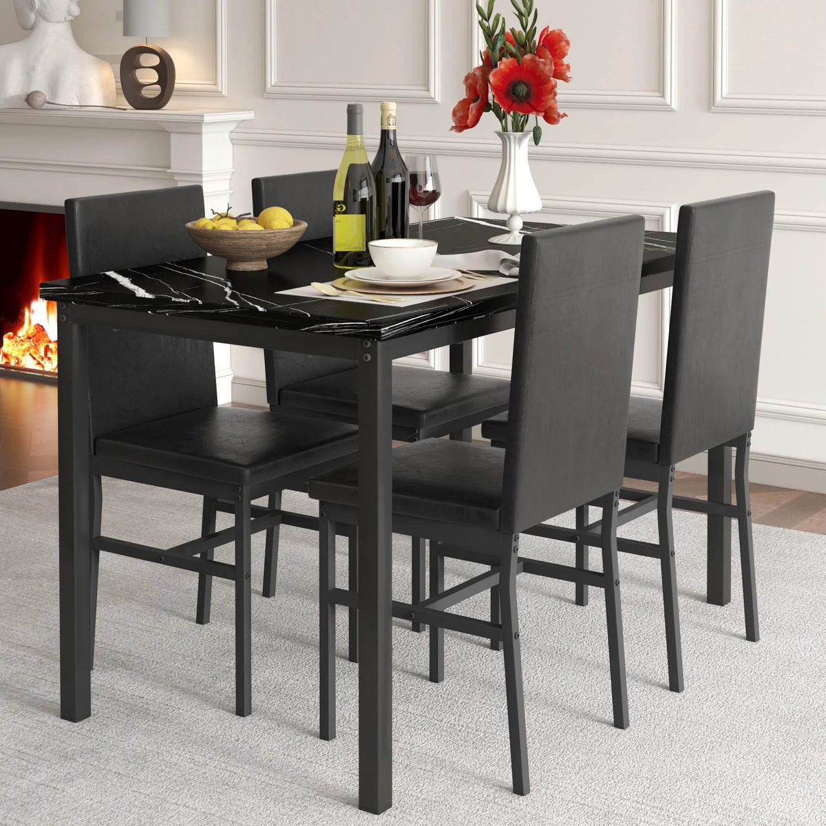 5 Piece Dining Set, Modern Dining Table and Chairs Set for 4, Counter Height Bar Table Set, Modern Pub Table with 4 Velvet Fabric Cushioned Stools, Faux Marble Dining Table & Stools Set, D9297