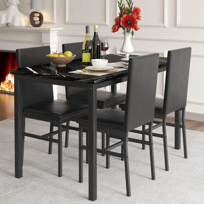 5 Piece Dining Set, Modern Dining Table and Chairs Set for 4, Counter Height Bar Table Set, Modern Pub Table with 4 Velvet Fabric Cushioned Stools, Faux Marble Dining Table & Stools Set, D9297