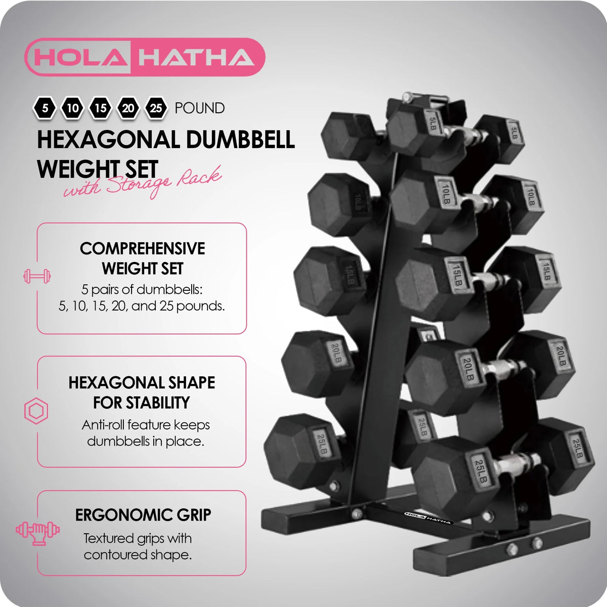 HolaHatha Hex Dumbbell with Rack, 5/10/15/20/25 lb (Black)