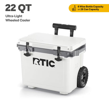 RTIC 22 QT Ultra-Light Wheeled Hard-Sided Ice Chest Cooler, Fits 28 Cans, 6 Wine Bottles, White & Grey