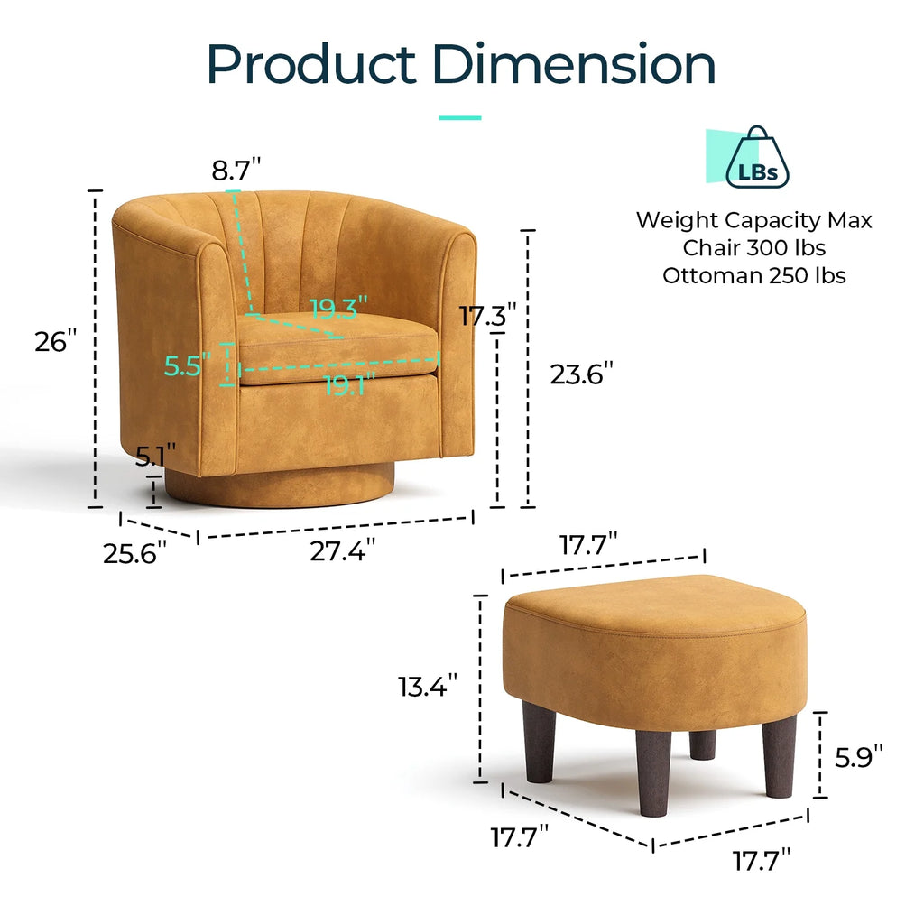 LINSY HOME Swivel Accent Chair with Ottoman, Velvet Barrel Chair for Living Room, Blue